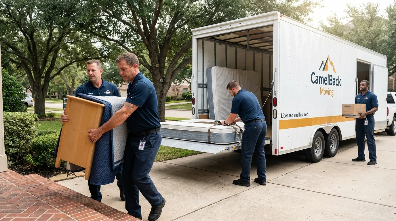Crew loading residential truck for cross-state move from Orange Grove, TX