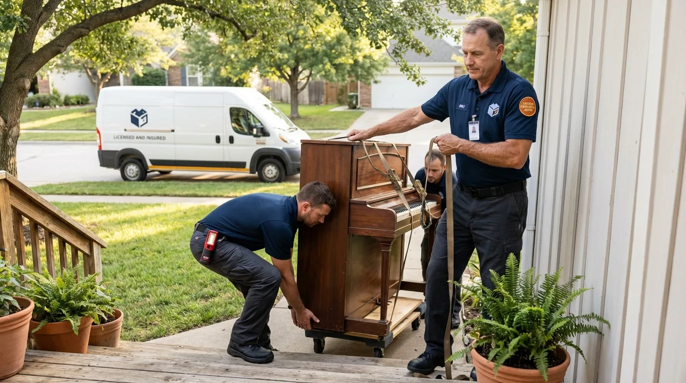 Licensed piano movers securing grand piano in Orange Grove, TX