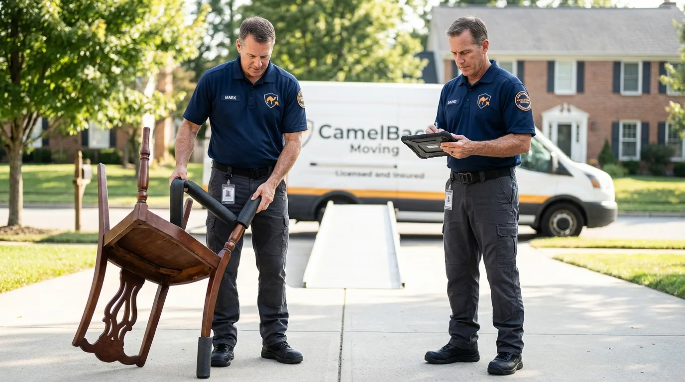 Movers inspecting furniture for damage prevention before loading in Orange Grove, TX