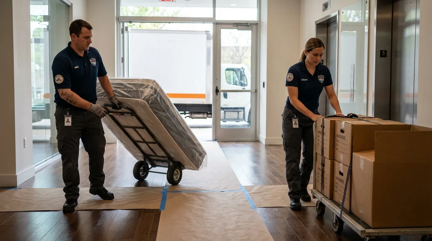 Professional apartment movers loading elevator in Orange Grove, TX