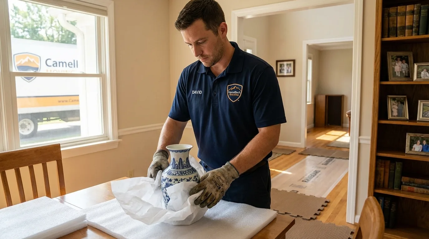 Professional crew carefully wrapping antique vase for senior downsizing move in Orange Grove, TX
